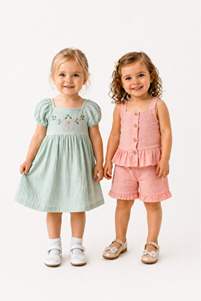 Harika KIDS Baby Girl Linen Fabric Top and Bottom Set - Muslin Fabric Dress 1...