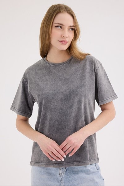 cracpot Kadın FÜME Yıkamalı Basic Regular Fit Tişört – %100 Pamuk Vintage Görünümlü