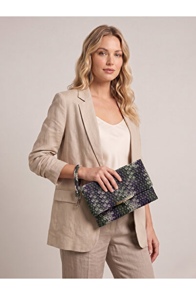 BEFELLE HOME Kadın Mor Yeşil Ebruli Nakışlı Bileklikli Portföy Clutch El Çantası
