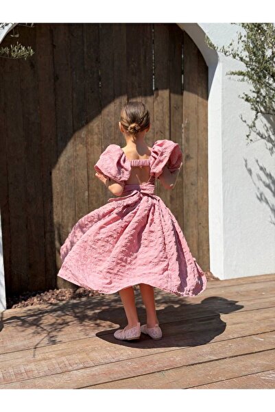 Yumo Kids Gofre Pembe Uzun Elbise
