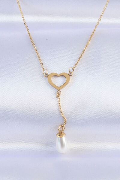 norsary 316L Steel Chain Gold Color Pearl Stone Detail Heart Necklace