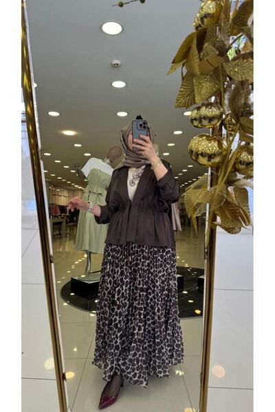 ENSAR GİYİM YENİ MY8 DESİGN Leopar Desenli Şifon Pliseli Maxi Boy Etek 3219