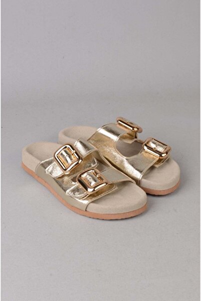 SEÇ KUNDURA Seç 7543 Genuine Leather Women's Slippers (Heel Height: 2 cm) Gold
