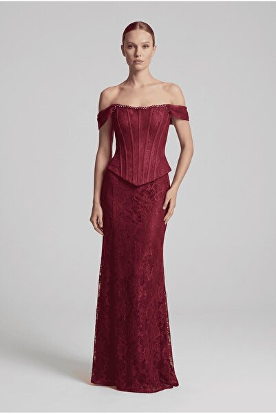 SpringStore Bordo Korseli Dantel Abiye