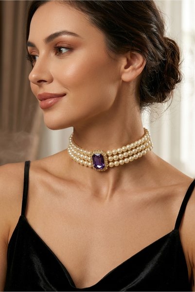 happyline accessories "ufak ayrıntılar güzelliği" Cam İncili Gold Kaplama Tasma Lila Taşlı Choker Kolye Özel Tasarım Baget Kolye Renkli Choker Kolye