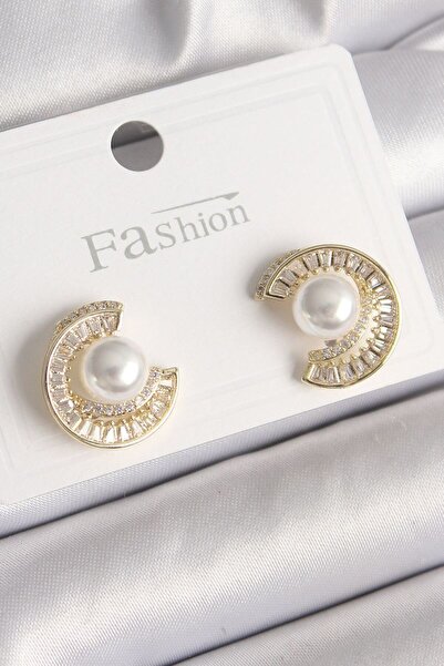 norsary Rice gold color zircon stone snail model pearl detail women's earrings