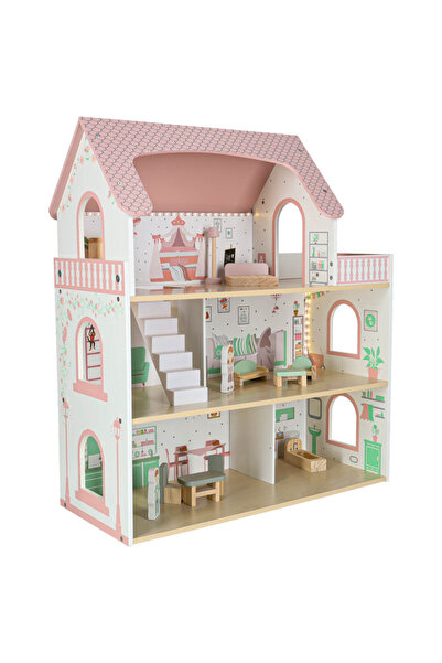 varioshop ®   Ξύλινο κουκλόσπιτο 70 εκ. με LED και μπαλκόνι, πλήρες σετ με έπ...