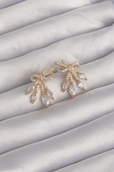 norsary Brass Gold Color Zircon Stone Bow Earrings