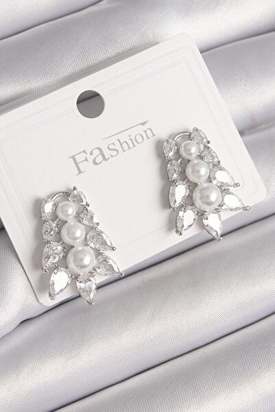 norsary Brass Silver Color Zircon Stone Leaf Model Pearl Detail Women's Earrings