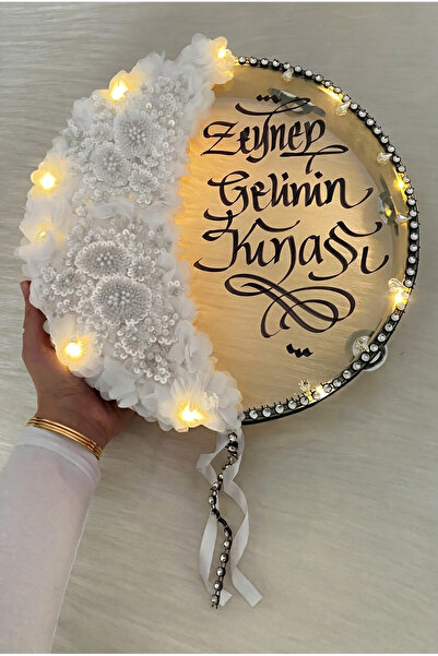 ZEYMERADE Beyaz Ledli Gelin Tefi 32cm, Aplik Çiçek Ve Parlak Taş Süslemeli De...