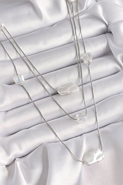 norsary Brass Silver Color Scrunch Pearl Model Multiple Women's Necklace