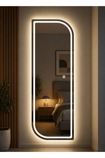 nysamo 130x45 Çapraz Oval Kumlamalı Ledli Boy Aynası – Beyaz / Sarı Işık, Dok...