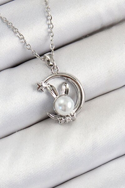 norsary 316L Steel Pearl Detailed Crescent Rabbit Model Silver Color Women's ...