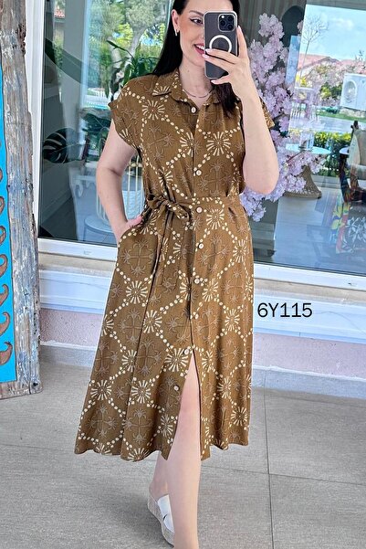 İnce Topuk Φόρεμα βισκόζης με γιακά πόλο και δέσιμο στη μέση 6y115