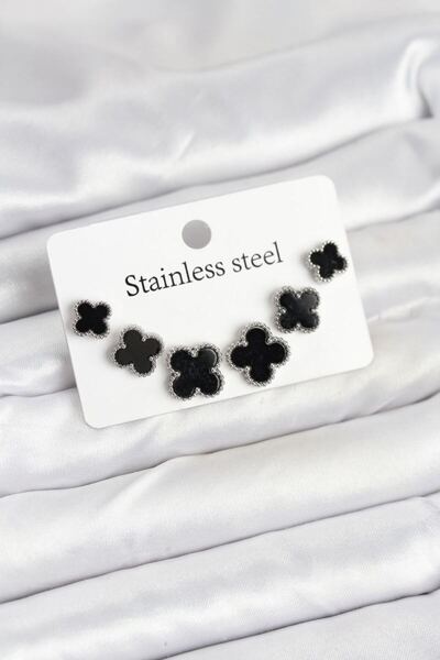 norsary 316L Steel Silver Black Color 3 Sizes Clover Earrings Set
