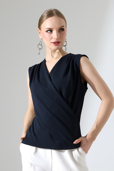 Luens Kadın Design Series Kruvaze Dökümlü İpeksi Modal Lacivert Bluz