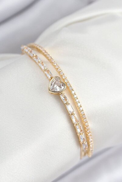 norsary Brass Zircon Stone Heart Model Gold Color Women's Bracelet