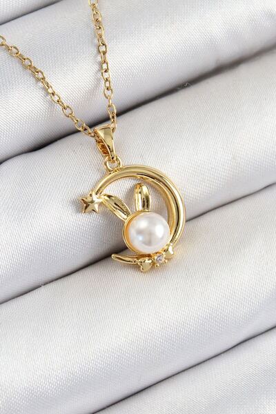 norsary 316L Steel Pearl Detailed Crescent Rabbit Model Gold Color Women's Ne...