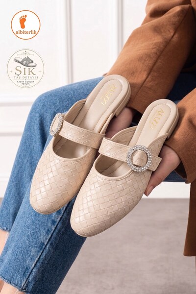 AlbiShoes Payetli Tokalı Şık Günlük Model Kadın Terlik Rahat Taban Toka Taş D...