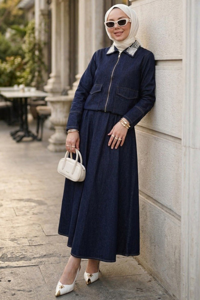 N.S NEVA STYLE Μπλε ναυτικό τζιν τεσεττούρ με φερμουάρ και φούστα, διπλό σετ ...