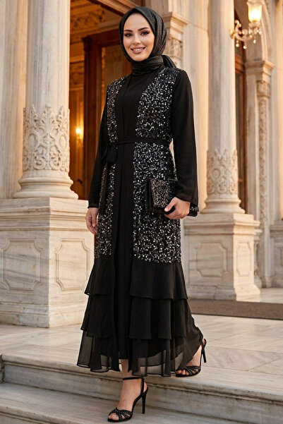 N.S NEVA STYLE Μαύρο Βραδινό Φόρεμα Χιτζάμπ με Παγιέτες και Κεντημένες Χάντρε...