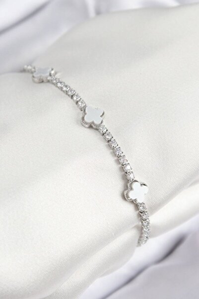 norsary Brass Zircon Stone Clover Model Silver Color Women's Bracelet