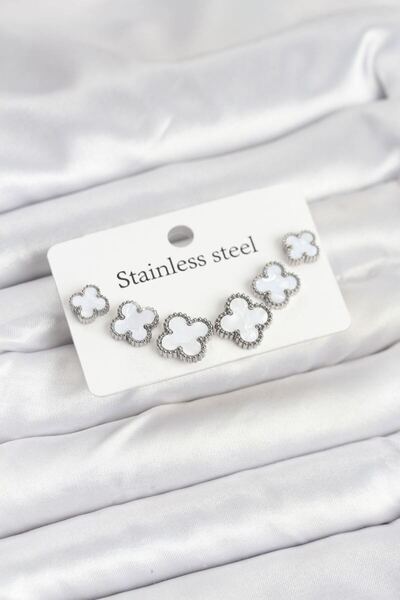 norsary 316L Steel Silver White Color 3 Sizes Clover Earrings Set