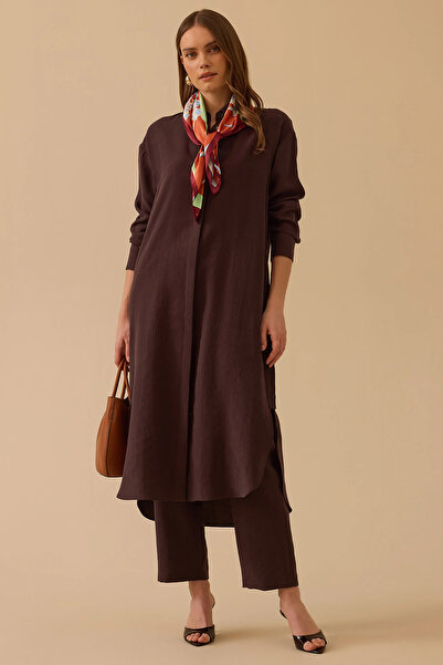 SEÇİL Γυναικείο πουκάμισο μίντι με γιακά τουνίκ 1024 Καφέ