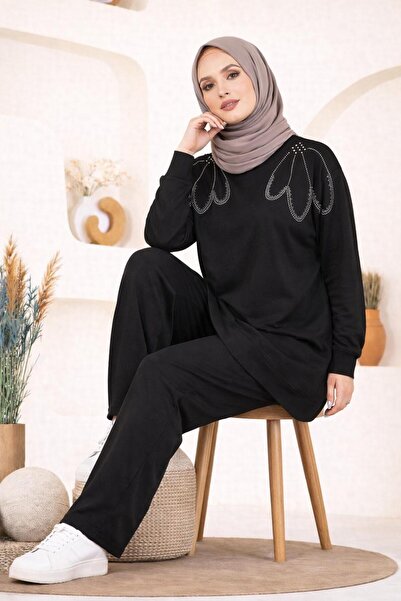 Sfg Life Moda Kadın Omuzu Taşlı Ve Manşet Kol Tunik-Pantolon İkili Takım