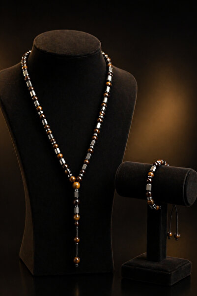 OSMANLI GÜMÜŞ Ανδρικό Σετ Βραχιόλι με Κολιέ Μάτι της Τίγρης και Μαύρες Χάντρες