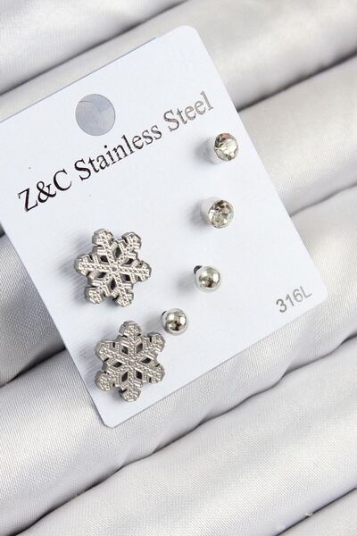 norsary 316L Steel Zircon Stone Snowflake Model Silver Color Women's Set Earr...