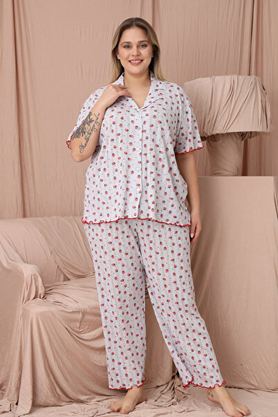 Wordex Mrn 1851 Pointel Thin Fabric Buttoned Short Sleeve Plus Size Women's P...