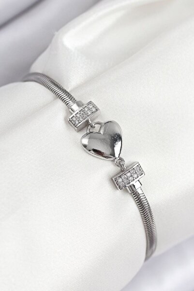 norsary Brass Zircon Stone Heart Model Silver Color Women's Bracelet