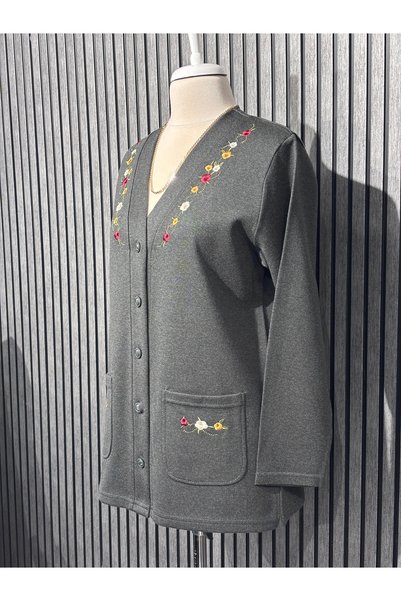 Özenli Triko Steel Knitted Colorful Embroidered Mother's Cardigan Anthracite