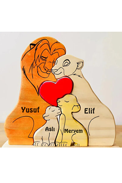 kalıcı anlar Kişiye Özel İsimli Ahşap Aslan Ailesi Yapboz Puzzle Biblo