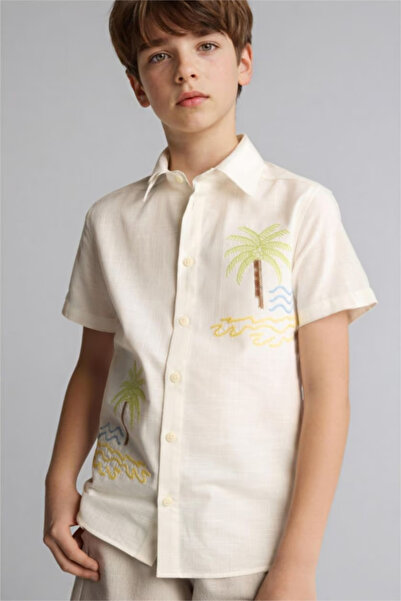 DeFacto 100% Cotton Oversized Polo Collar Tropical Patterned Short Sleeve Shi...