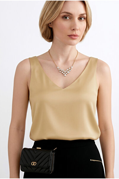 FERHEL Γυναικεία σατέν μπλούζα με λαιμόκοψη V - Κίτρινο