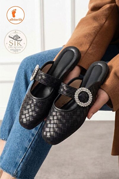 AlbiShoes Payetli Tokalı Şık Günlük Model Kadın Terlik Rahat Taban Toka Taş D...