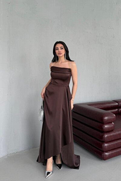 Serica Moda Βραδινό φόρεμα με καφέ πέτρινες τιράντες και σχισμή