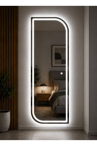 nysamo 130x45 Çapraz Oval Kumlamalı Ledli Boy Aynası – Beyaz / Sarı Işık, Dok...