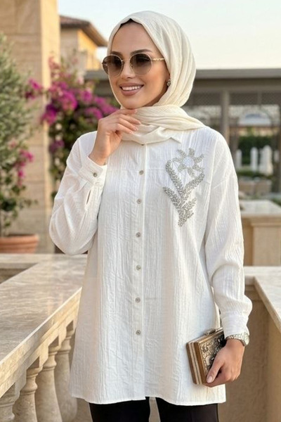 N.S NEVA STYLE Λευκό ισλαμικό πουκάμισο με κουμπιά 10084B