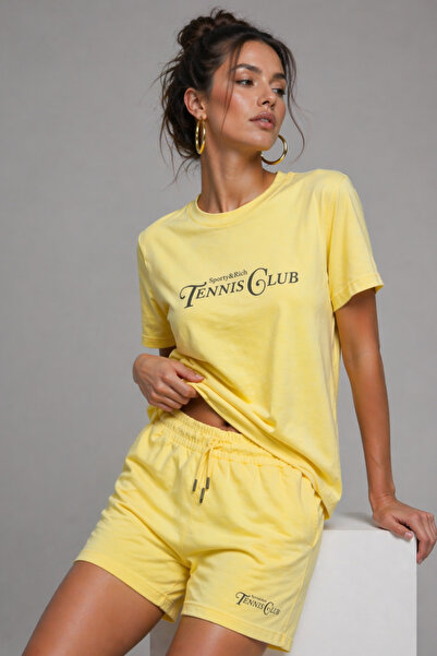 Rich Women's Yellow Cotton Sporty Short Sleeve Oversize T-Shirt and Shorts Bo...
