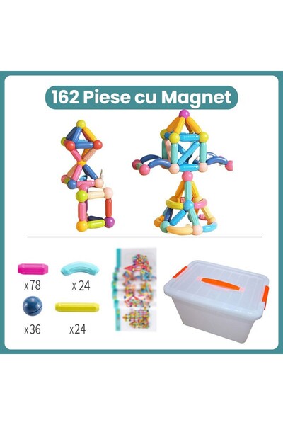Crocodileskids Piese magnetice pentru copii, Leski, Set de 162 de piese în diverse culori, Set de construcție magnetic cu posibilitatea de a construi forme nelimitate, Multicolor