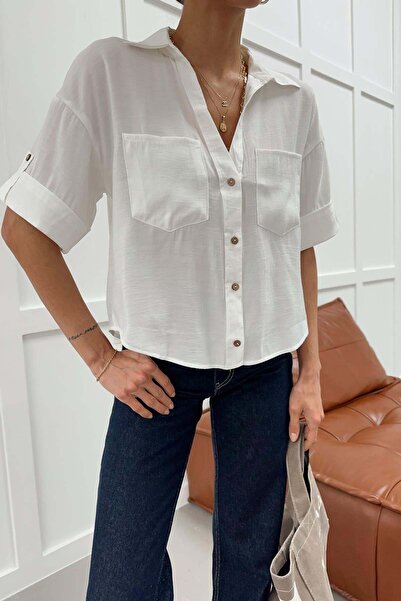 mylove قميص مودال مزدوج بجيوب باللون الأبيض