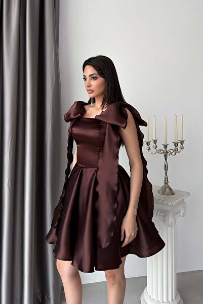 Serica Moda Καφέ Φόρεμα Αποφοίτησης με Φιόγκο και Τιράντες από Οργάντζα