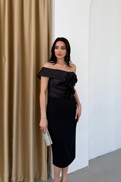 Serica Moda Μαύρο ασιατικό φόρεμα με λεπτομέρεια λουλουδιών στο γιακά, μίντι ...