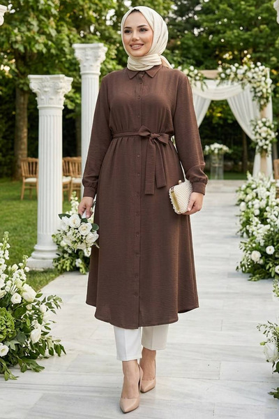 N.S NEVA STYLE Buttoned Brown Hijab Tunic 32172Kh