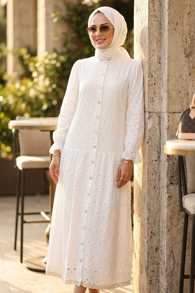 N.S NEVA STYLE Λευκό Φόρεμα Τεσεττούρ με Δαντέλα 41759B