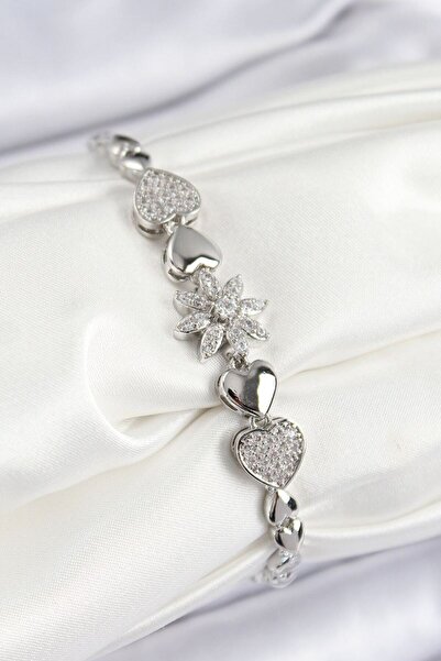 norsary Brass Zircon Stone Heart Detailed Flower Model Silver Color Women's B...