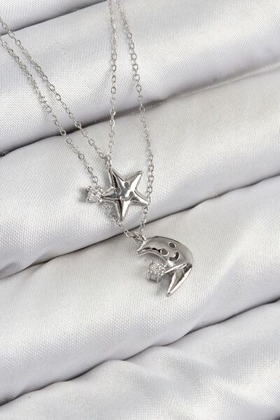 norsary Brass Zircon Stone Star and Moon Model Silver Color Women's Necklace